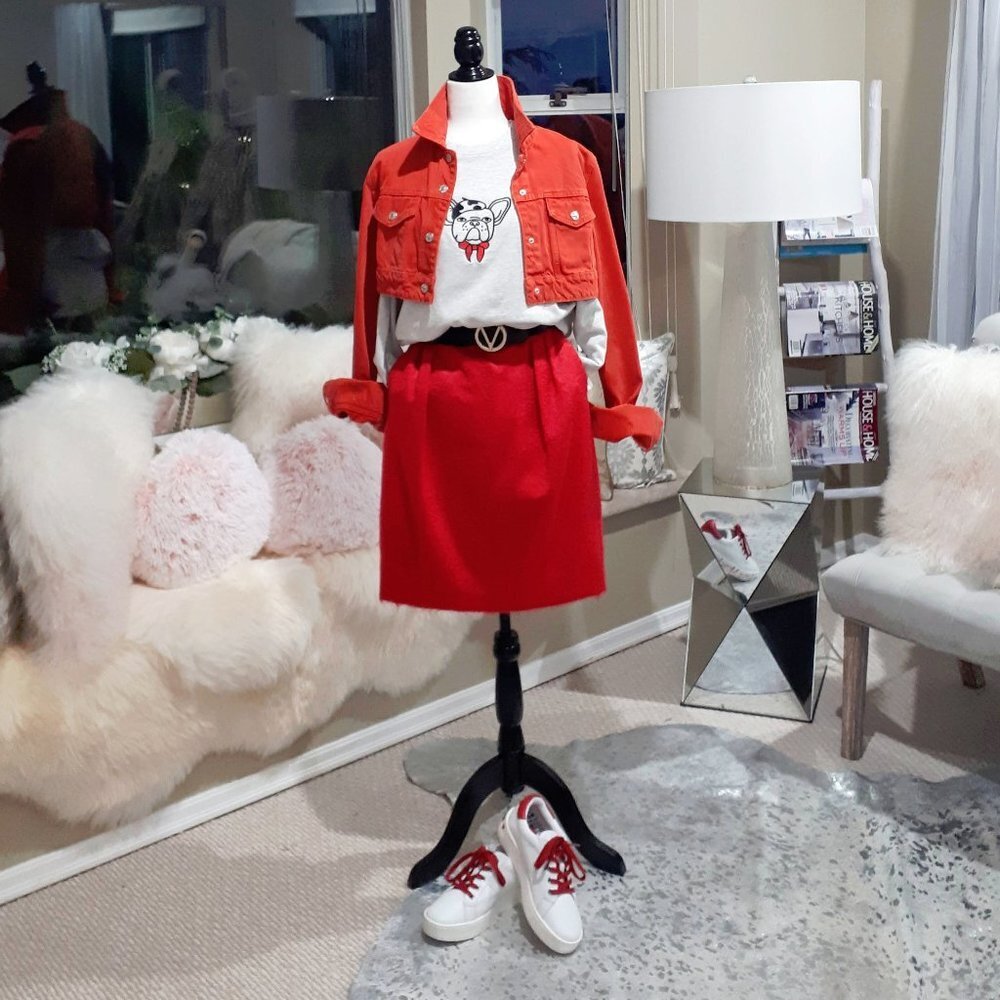 French Connection Red Cropped Jacket with White Graphic Sweater